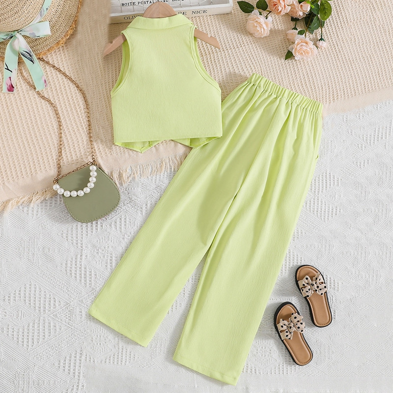 Pudcoco Kids Girls 2Pcs Tuxedo Suit Set Костюм с ревер и деколте без ръкави с копчета Жилетка Панталони с ластик на талията Летни дрехи 8-12T