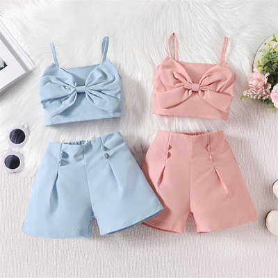 Pudcoco Little Kids Baby Girl nyári ruhák egyszínű ujjatlan elöl masnis Cami felsők rövidnadrággal 2 db Outfit 18M-6T