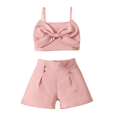 Pudcoco Little Kids Baby Girl nyári ruhák egyszínű ujjatlan elöl masnis Cami felsők rövidnadrággal 2 db Outfit 18M-6T