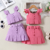 Pudcoco Little Girls nyári ruhák szett kerek nyakú légy ujjú felsők elasztikus derékrés redőzött mini szoknya öv kisgyermek ruhák 18M-6T