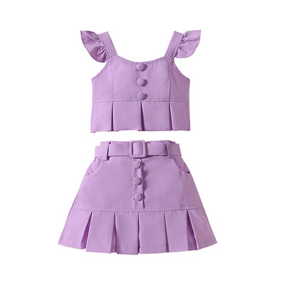 Pudcoco Little Girls nyári ruhák szett kerek nyakú légy ujjú felsők elasztikus derékrés redőzött mini szoknya öv kisgyermek ruhák 18M-6T