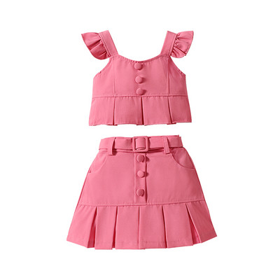 Pudcoco Little Girls nyári ruhák szett kerek nyakú légy ujjú felsők elasztikus derékrés redőzött mini szoknya öv kisgyermek ruhák 18M-6T
