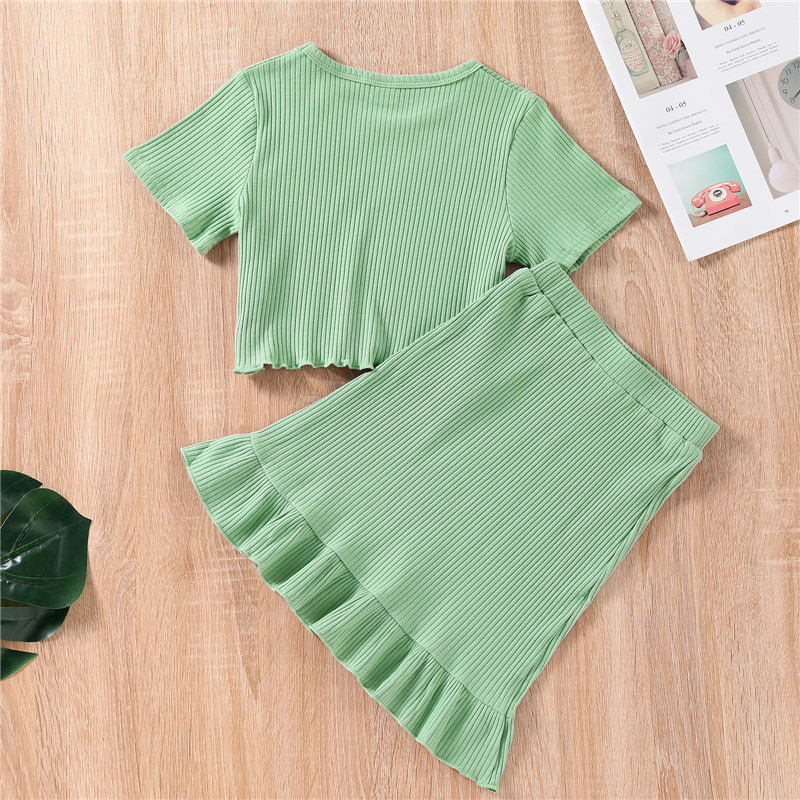 2-7 години костюм от две части за момичета Моден едноцветен тениска с къс ръкав и комплекти къса пола с волани Летни екипи за момичета