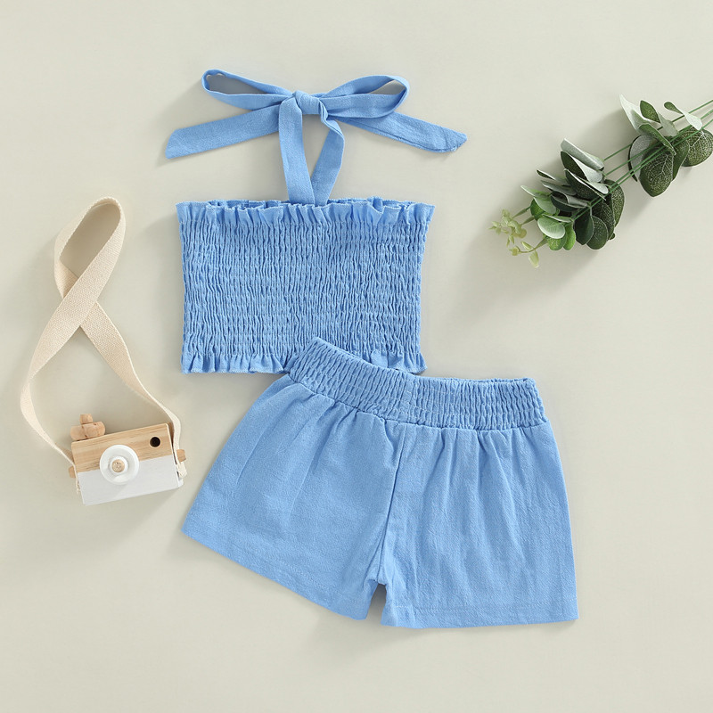 2 бр. Летни дрехи за момичета за малки деца 2022 г. Бебешко бебе принцеса Горнища с отворени рамене + панталони Комплекти екипировка за малко дете