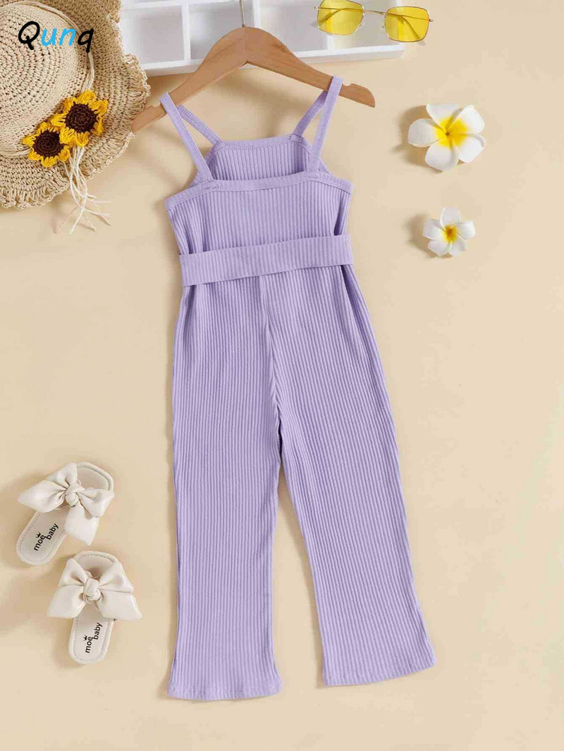 Qunq 2023, лято, нови момичета, масивни тиранти без ръкави и колан с панделка, прекрасен разкроен гащеризон Ежедневни детски дрехи на възраст 3T-8T