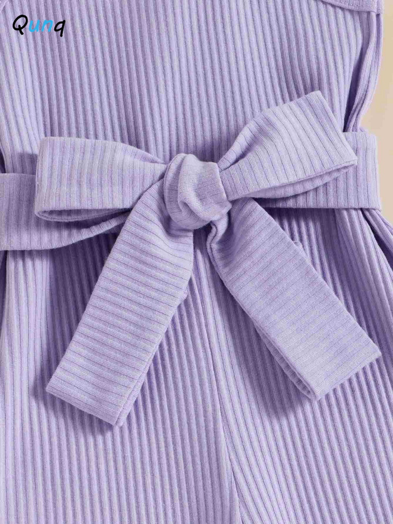 Qunq 2023, лято, нови момичета, масивни тиранти без ръкави и колан с панделка, прекрасен разкроен гащеризон Ежедневни детски дрехи на възраст 3T-8T