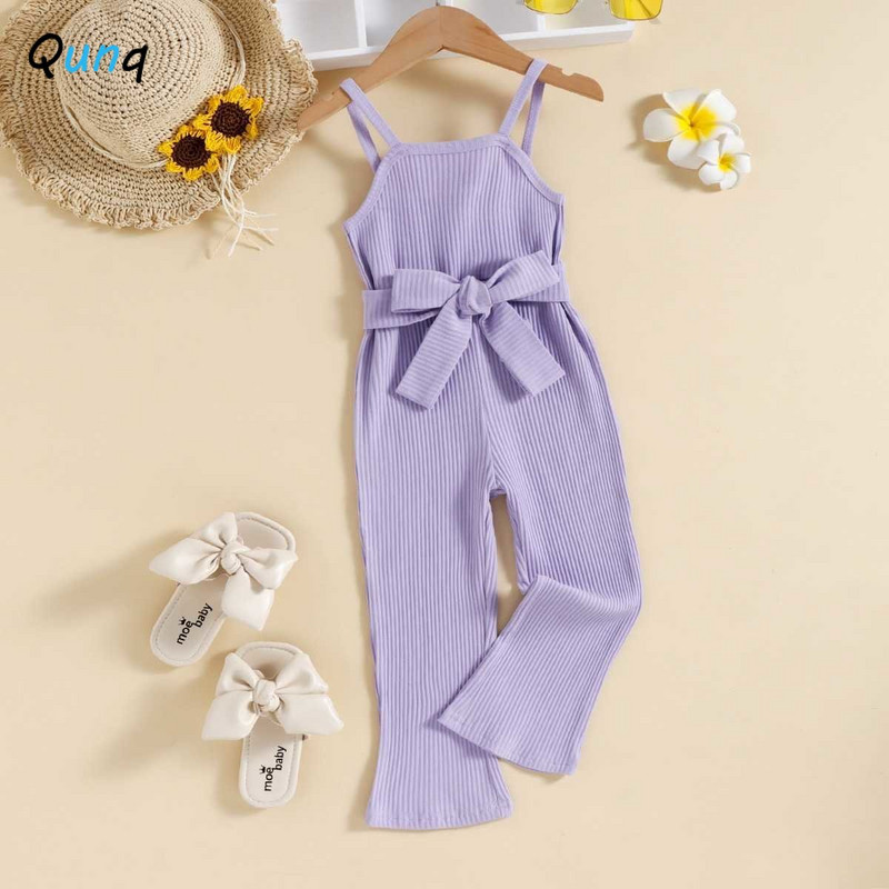 Qunq 2023, лято, нови момичета, масивни тиранти без ръкави и колан с панделка, прекрасен разкроен гащеризон Ежедневни детски дрехи на възраст 3T-8T