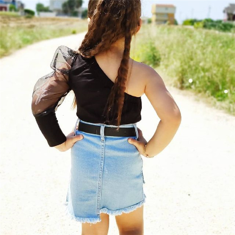 1-6 години Детски комплект летни горнища и поли за момичета с едно рамо Дантелени горнища с дълъг ръкав + дънкова пола с цип Ежедневни екипи за момичета