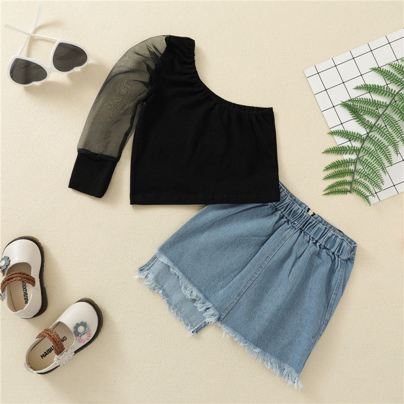 1-6 години Детски комплект летни горнища и поли за момичета с едно рамо Дантелени горнища с дълъг ръкав + дънкова пола с цип Ежедневни екипи за момичета