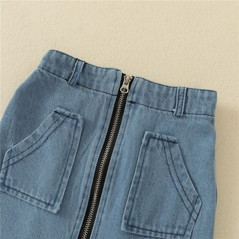 1-6 години Детски комплект летни горнища и поли за момичета с едно рамо Дантелени горнища с дълъг ръкав + дънкова пола с цип Ежедневни екипи за момичета