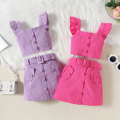Pudcoco Toddler Παιδικά Βρεφικά Κοριτσίστικα 2 τμχ Καλοκαιρινά ρούχα Βολάν αμάνικα μπλουζάκια + ζωνωτή φούστα Βρεφικά ρούχα 18M-6T