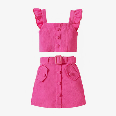 Pudcoco Toddler Παιδικά Βρεφικά Κοριτσίστικα 2 τμχ Καλοκαιρινά ρούχα Βολάν αμάνικα μπλουζάκια + ζωνωτή φούστα Βρεφικά ρούχα 18M-6T