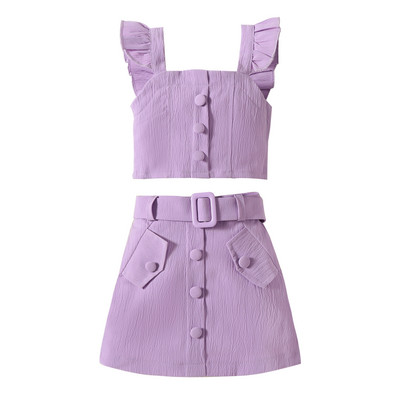 Pudcoco Toddler Παιδικά Βρεφικά Κοριτσίστικα 2 τμχ Καλοκαιρινά ρούχα Βολάν αμάνικα μπλουζάκια + ζωνωτή φούστα Βρεφικά ρούχα 18M-6T