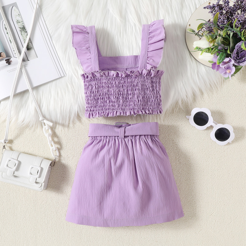 Pudcoco Toddler Kids Baby Girls 2Pcs Summer Outfits Потници без ръкави с волани + Комплект пола с колан Бебешки дрехи 18M-6T