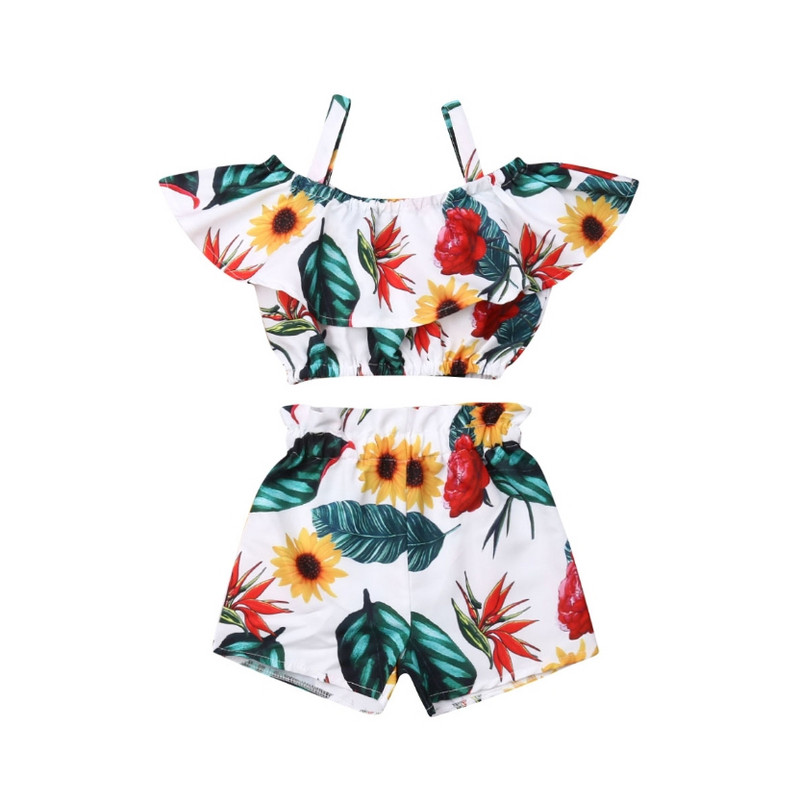 Детски бебешки момичета, летни тоалети за малки деца, дрехи, ризи с волани с отворени рамене, къси панталони, празнични ежедневни дрехи за момичета, комплект от 2 бр.