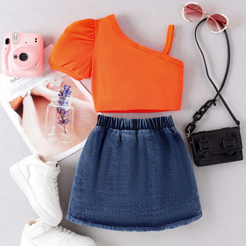 Летен детски комплект дрехи за момичета Корейска мода Диагонална презрамка Памук Бебешко горнище+Дънкова пола Бутикови тоалети за малки деца BC098