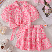 2Piece Summer outfit Πολυτελή ρούχα για κορίτσια Μόδα ροζ στάμπα Κοντό μανίκι βαμβακερά μπλουζάκια για μωρά+φούστα παιδικά ρούχα Παιδικά σετ BC142