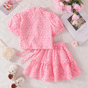 2Piece Summer outfit Πολυτελή ρούχα για κορίτσια Μόδα ροζ στάμπα Κοντό μανίκι βαμβακερά μπλουζάκια για μωρά+φούστα παιδικά ρούχα Παιδικά σετ BC142