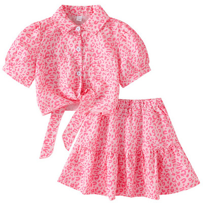 2Piece Summer outfit Πολυτελή ρούχα για κορίτσια Μόδα ροζ στάμπα Κοντό μανίκι βαμβακερά μπλουζάκια για μωρά+φούστα παιδικά ρούχα Παιδικά σετ BC142