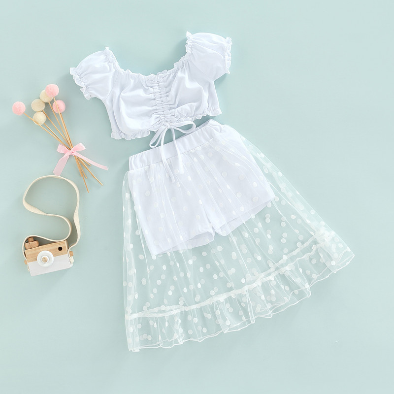 Детски костюм за момичета от 2 бр., прохождащо момиченце с волани, тапицерия с шнурове, плисирани горнища с къси ръкави + пачуърк мрежести къси поли, 2-7T