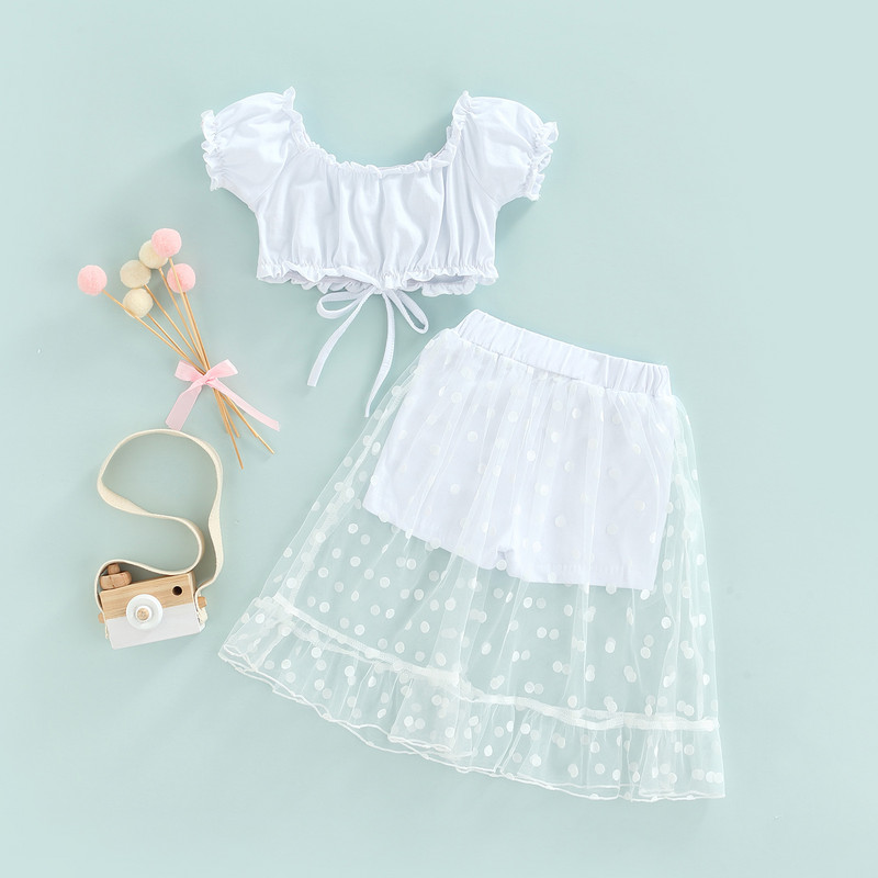 Детски костюм за момичета от 2 бр., прохождащо момиченце с волани, тапицерия с шнурове, плисирани горнища с къси ръкави + пачуърк мрежести къси поли, 2-7T