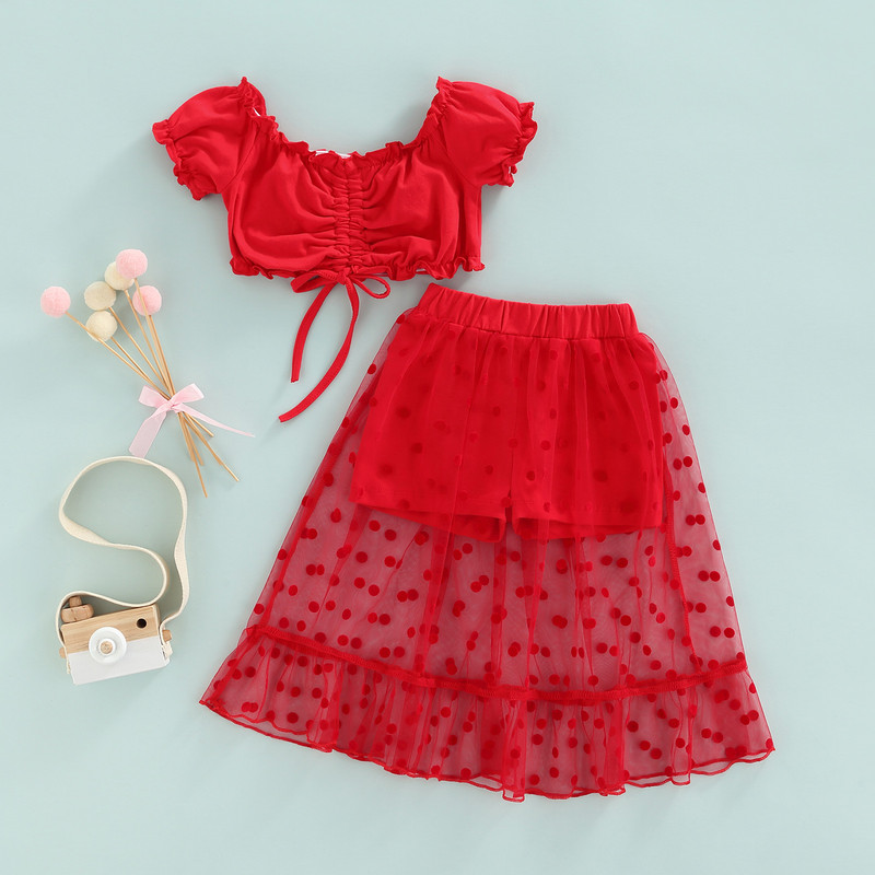 Детски костюм за момичета от 2 бр., прохождащо момиченце с волани, тапицерия с шнурове, плисирани горнища с къси ръкави + пачуърк мрежести къси поли, 2-7T