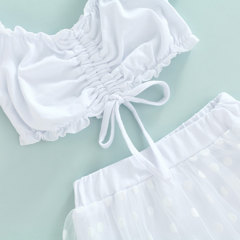 Детски костюм за момичета от 2 бр., прохождащо момиченце с волани, тапицерия с шнурове, плисирани горнища с къси ръкави + пачуърк мрежести къси поли, 2-7T