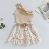 1-6Y Παιδικά κοριτσίστικα καλοκαιρινά ρούχα Baby One Shoulder Αμάνικο μπλουζάκια με ραβδώσεις + Floral φούστες με ζώνη για παιδιά