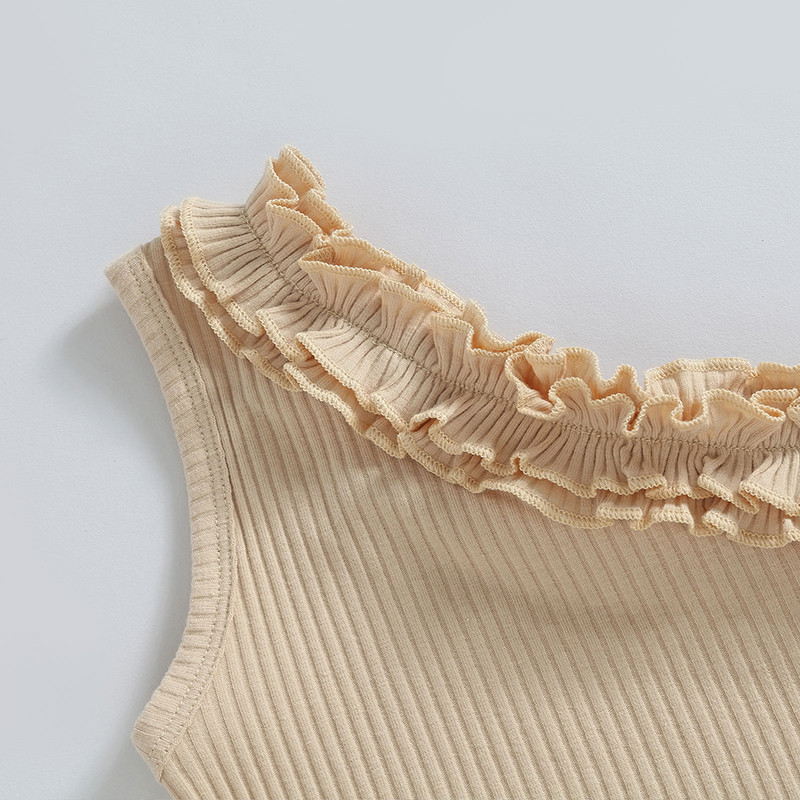 1-6 г. Детски комплект летни дрехи за момичета Бебешки горнища с волани без ръкави с едно рамо + флорални поли с колан Детски екипи