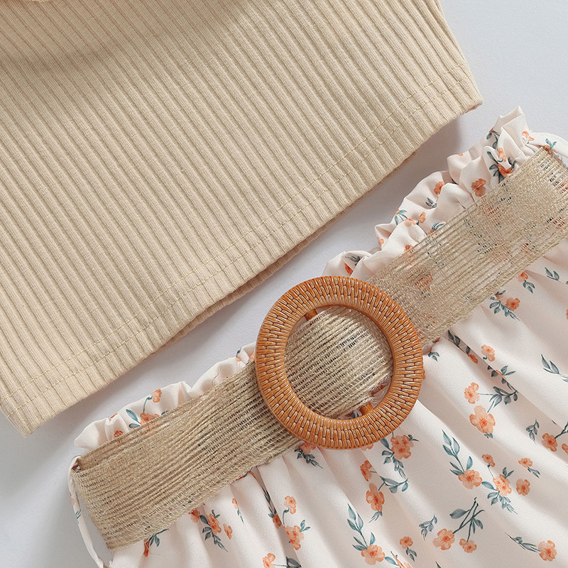 1-6 г. Детски комплект летни дрехи за момичета Бебешки горнища с волани без ръкави с едно рамо + флорални поли с колан Детски екипи