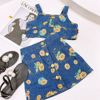 2022 г. Нови комплекти летни дрехи за бебета и момичета Модни каубойски тиранти с цветя-слънце Топ + дънкова къса пола 2 бр. Костюм за 3-8 години