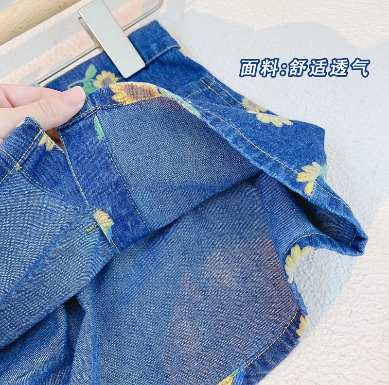 2022 г. Нови комплекти летни дрехи за бебета и момичета Модни каубойски тиранти с цветя-слънце Топ + дънкова къса пола 2 бр. Костюм за 3-8 години