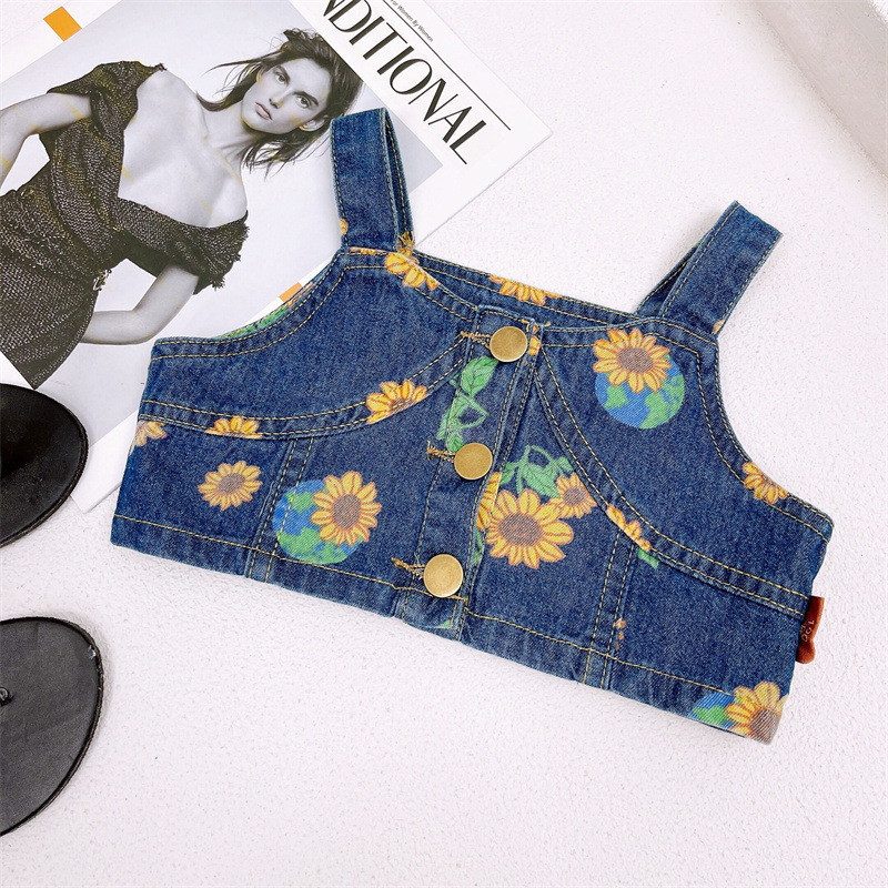 2022 г. Нови комплекти летни дрехи за бебета и момичета Модни каубойски тиранти с цветя-слънце Топ + дънкова къса пола 2 бр. Костюм за 3-8 години