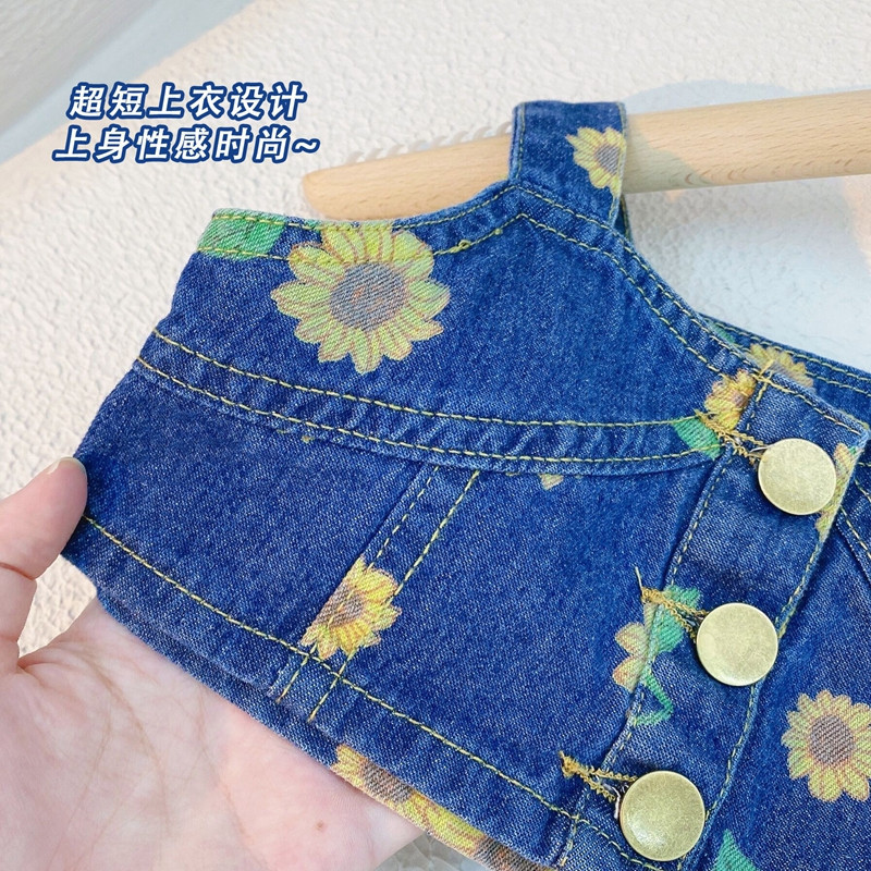 2022 г. Нови комплекти летни дрехи за бебета и момичета Модни каубойски тиранти с цветя-слънце Топ + дънкова къса пола 2 бр. Костюм за 3-8 години