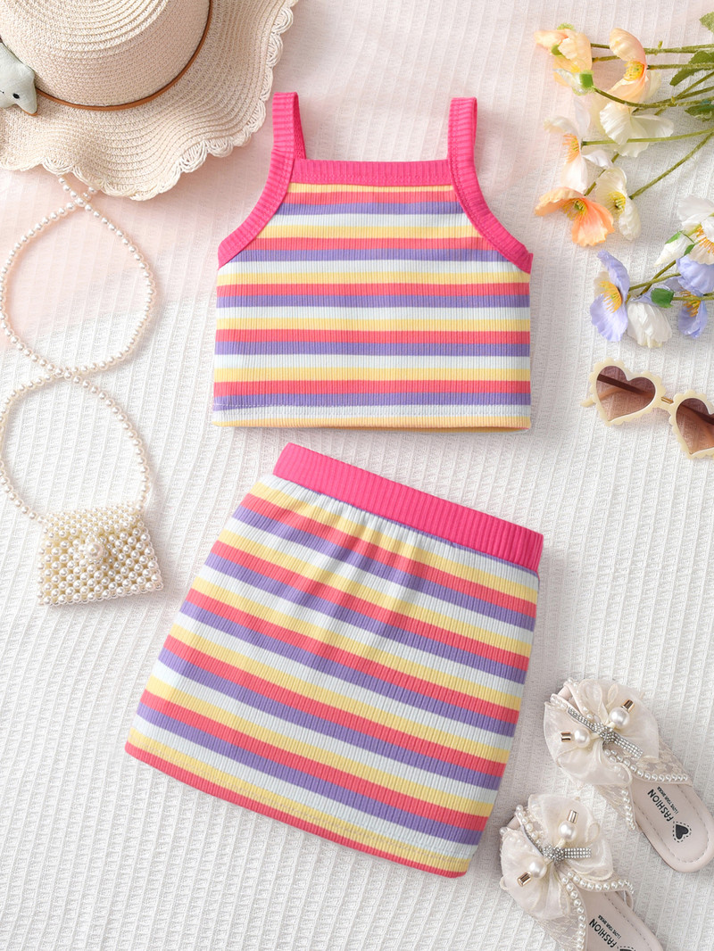 Летен комплект за момичета от две части, Детски тиранти и къси поли на дъгови райета, Детски ежедневни дрехи за свободното време, подходящи за открито