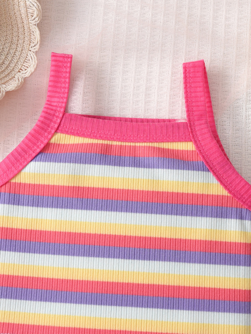 Летен комплект за момичета от две части, Детски тиранти и къси поли на дъгови райета, Детски ежедневни дрехи за свободното време, подходящи за открито