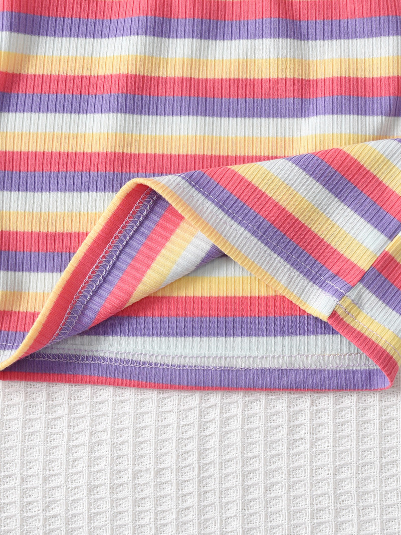 Летен комплект за момичета от две части, Детски тиранти и къси поли на дъгови райета, Детски ежедневни дрехи за свободното време, подходящи за открито