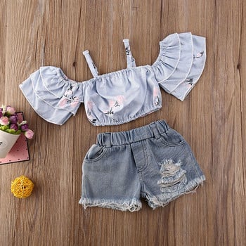 Βρεφικά βρεφικά ρούχα για κορίτσια Καλοκαιρινά ρούχα Set Off Shoulder Floral βολάν Crop Tops σκισμένα τζιν Παιδικά σορτς 2 τμχ Casual outfit