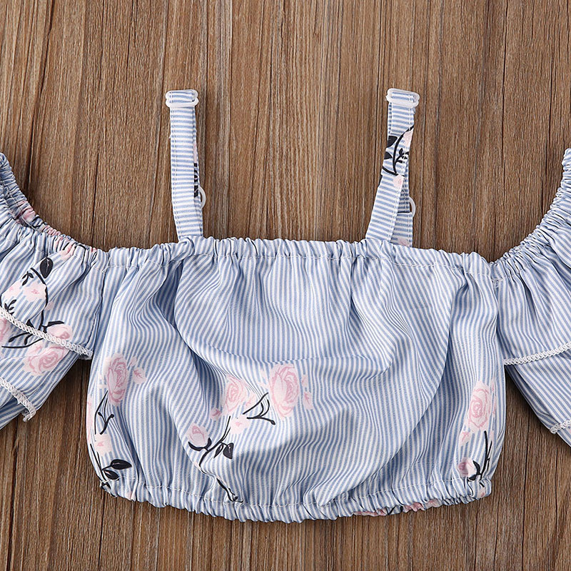 Бебешки дрехи за малки деца Комплект летни дрехи за момичета С отворени рамене Скъсани дънкови къси панталони с флорални волани Детски ежедневни дрехи от 2 бр.