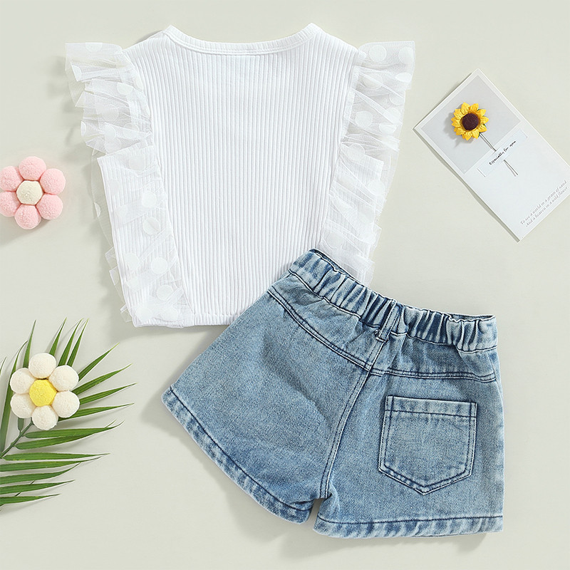 1-6 години Комплект къси панталони за момичета без ръкави Тюл Пачуърк потник с бродерия Сърца Къси шорти Детско лятно облекло за момичета