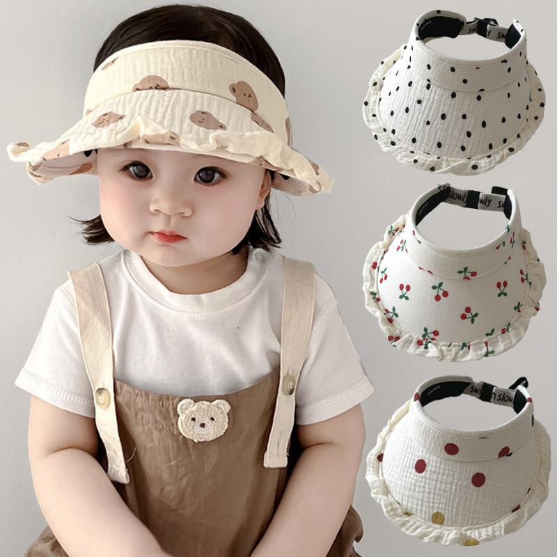 Лятна бебешка шапка за момичета, момчета, карикатура на мечка, отпечатана празна горна шапка за слънце, регулируеми детски сенници, шапки, корейски детски аксесоари