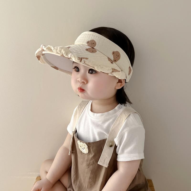 Лятна бебешка шапка за момичета, момчета, карикатура на мечка, отпечатана празна горна шапка за слънце, регулируеми детски сенници, шапки, корейски детски аксесоари