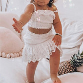 Sweet Kids Baby Girl White σετ Καλοκαιρινά Ρούχα Ιμάντες Δαντέλα με βολάν καμιζόλα και Μίνι Φούστα με ψηλή μέση σε γραμμή Α για κορίτσια 1-6Y