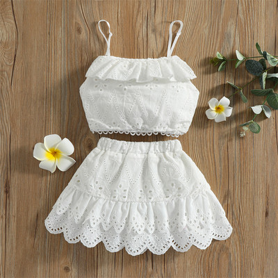Sweet Kids Baby Girl White σετ Καλοκαιρινά Ρούχα Ιμάντες Δαντέλα με βολάν καμιζόλα και Μίνι Φούστα με ψηλή μέση σε γραμμή Α για κορίτσια 1-6Y