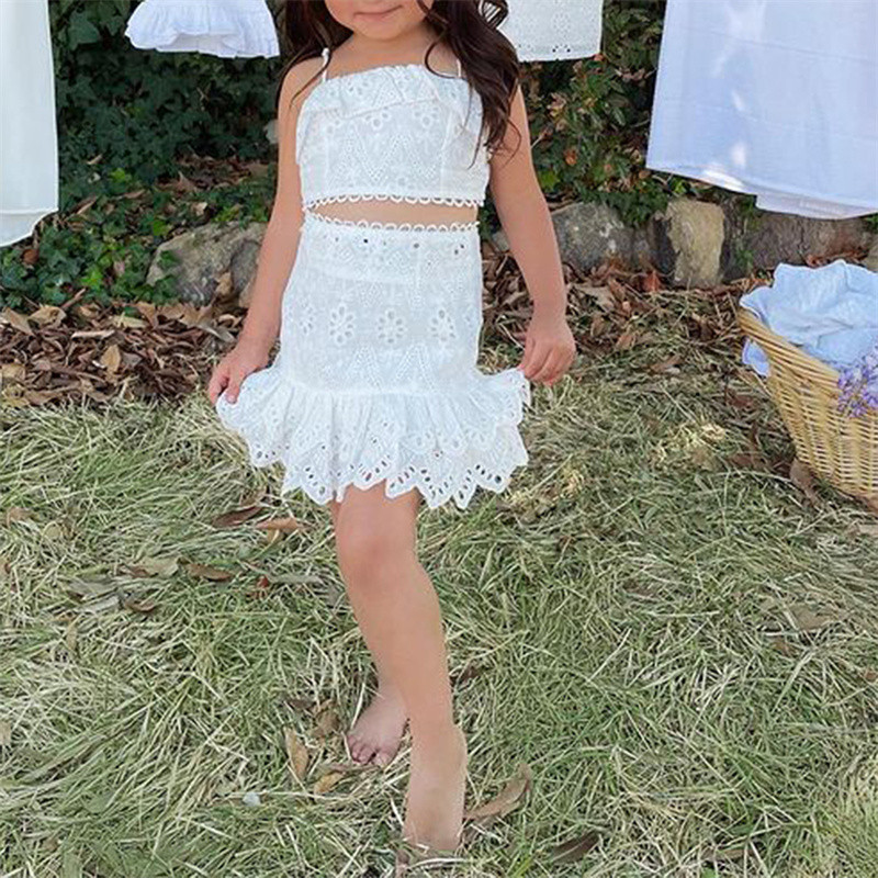 Sweet Kids Baby Girl Бели комплекти Летни дрехи Презрамки Дантелена камизолка с волани и А-силует с висока талия Мини пола Тоалети за момичета 1-6 години