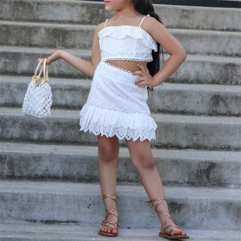 Sweet Kids Baby Girl Бели комплекти Летни дрехи Презрамки Дантелена камизолка с волани и А-силует с висока талия Мини пола Тоалети за момичета 1-6 години