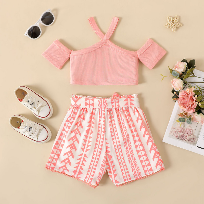 Комплект къси панталони с колан PatPat от 2 бр. за малко момиченце с розови оребрения и къси панталони с колан