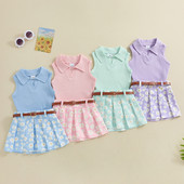Pudcoco Toddler Girl Summer Outfit Μασίφ Ριμπ Αμάνικα Μπλουζάκια μαργαρίτα Πλισέ Φούστες Ζώνη 2τμχ Σετ ρούχων 6M-4T