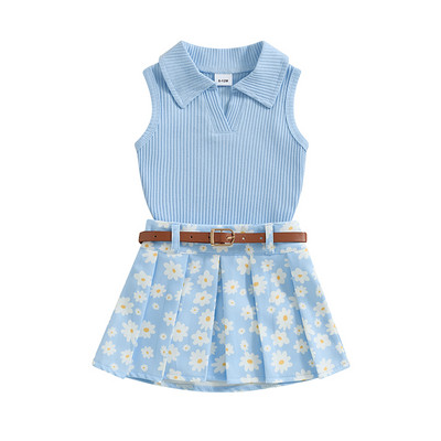 Pudcoco Toddler Girl Summer Outfit Μασίφ Ριμπ Αμάνικα Μπλουζάκια μαργαρίτα Πλισέ Φούστες Ζώνη 2τμχ Σετ ρούχων 6M-4T