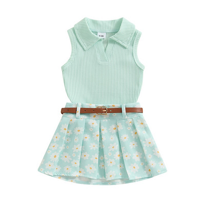 Pudcoco Toddler Girl Summer Outfit Μασίφ Ριμπ Αμάνικα Μπλουζάκια μαργαρίτα Πλισέ Φούστες Ζώνη 2τμχ Σετ ρούχων 6M-4T